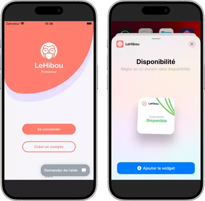 Two screenshots of the Lehibou App: the first shows the login screen, and the second displays the iOS widget for freelance availability.