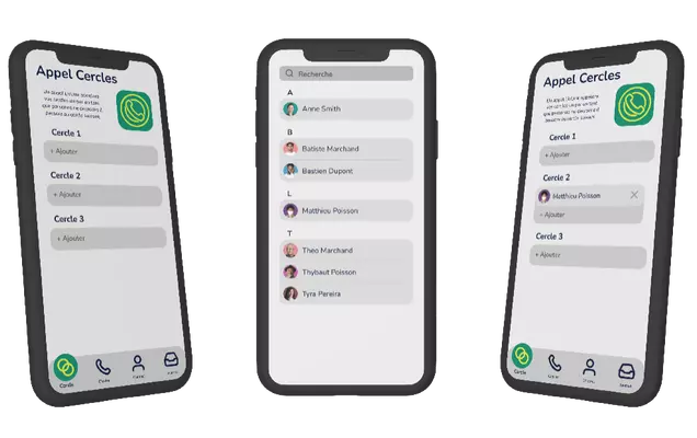 Three screenshots of the LivLink App: the first shows the contacts list, and the second and third display the 'Circle Call' feature.