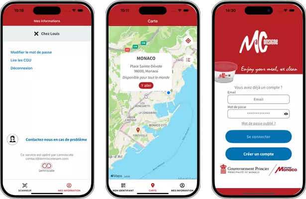 Three screenshots of the MaConsigne App