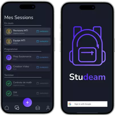 Two screenshots of the Studeam App: the first shows a list of group working sessions, and the second displays the login screen.